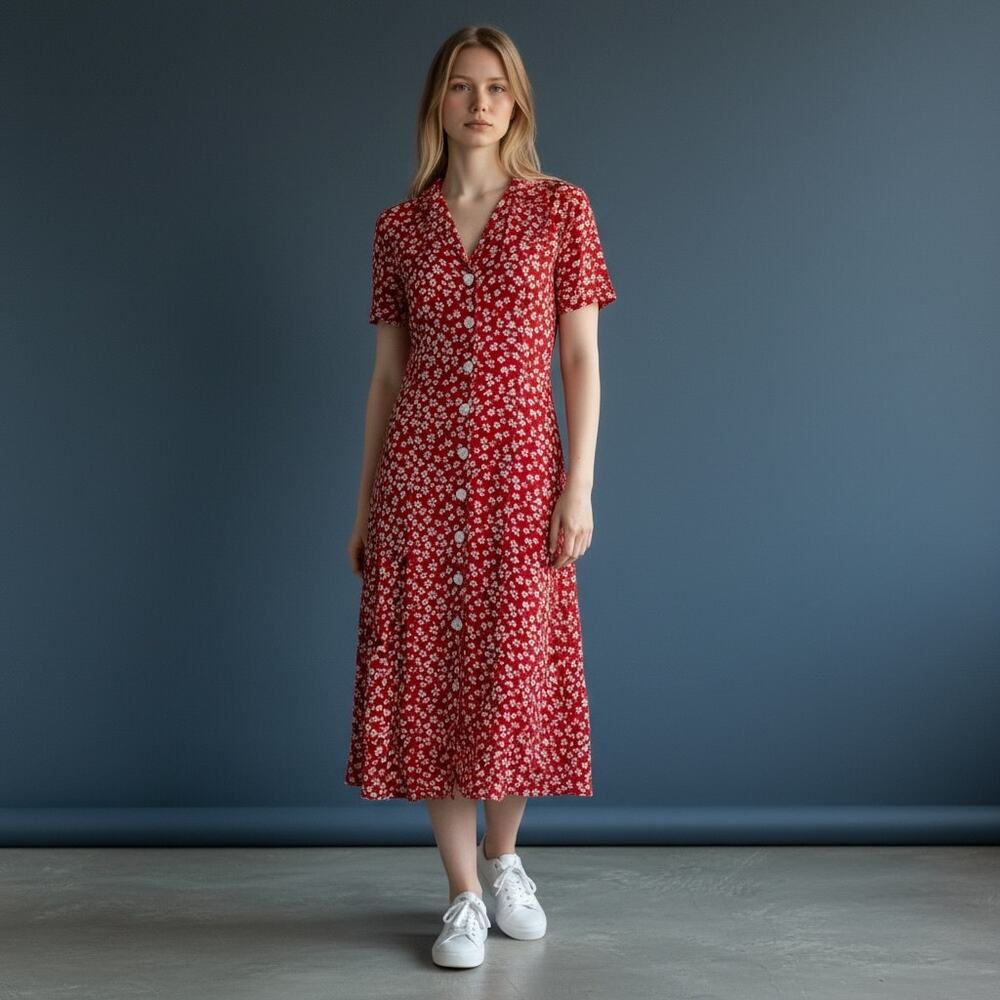 Rouje Paris Red Floral Button Front Midi Dress S Short Sleeve Collared French